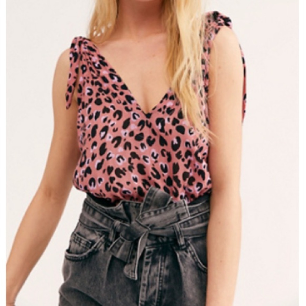 Pink Leopard Print Free People Bodysuit with Shoulders that Tie